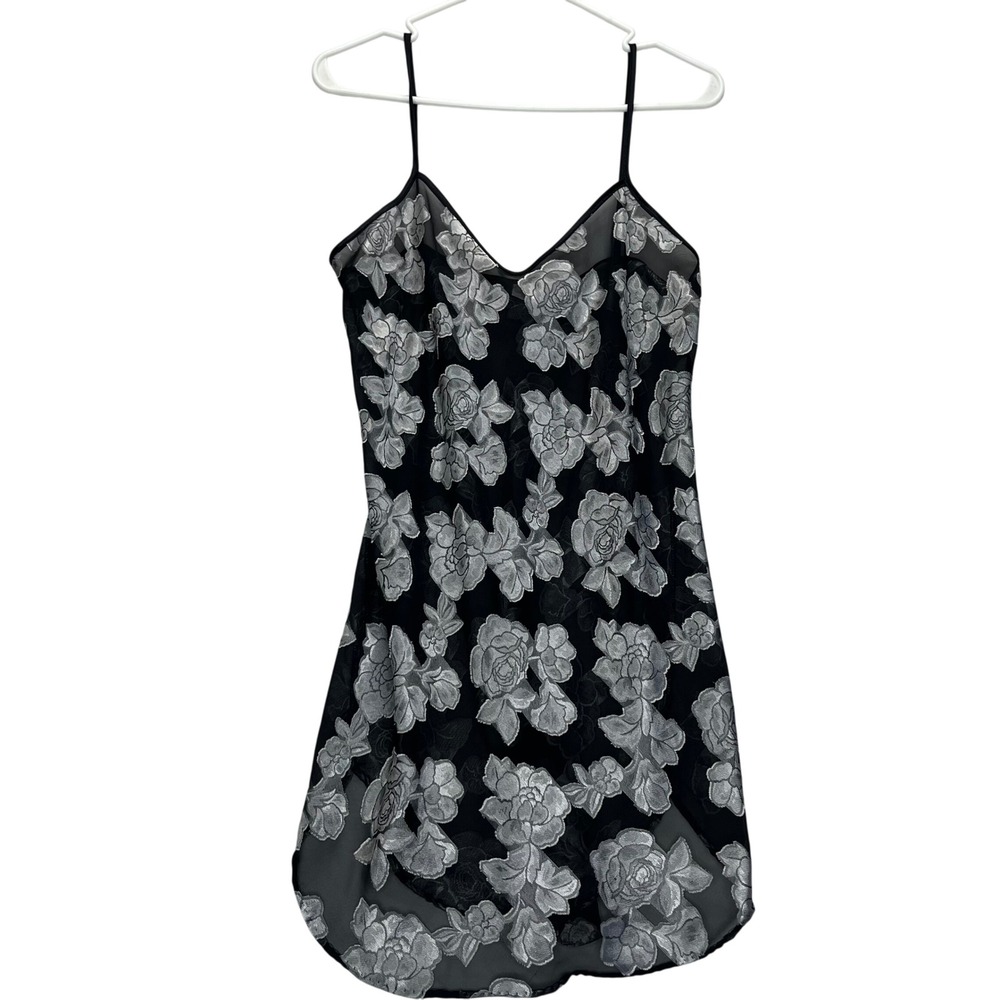 Petra Fashions Nightgown Womens Small Black Silver Floral Mesh Chemise USA Made
